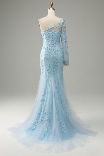 Sky Blue One Shoulder Mermaid Formal Dress With Appliques